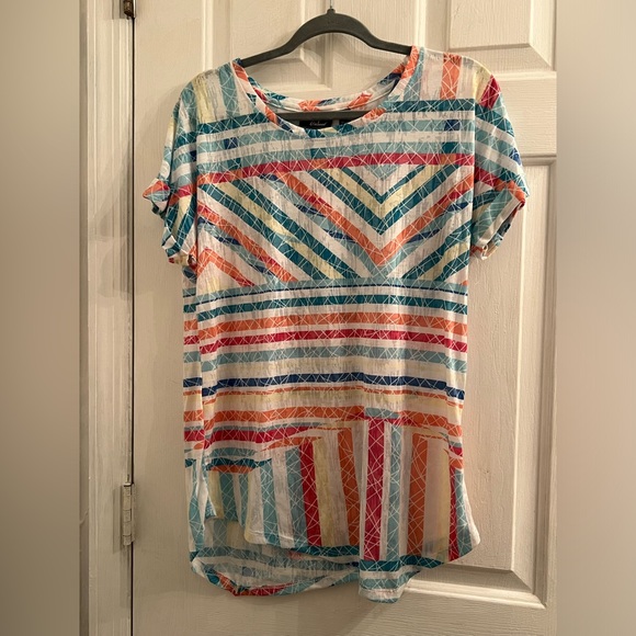 Size small bright multicolor striped curved hem shirt top short sleeve - Picture 2 of 5